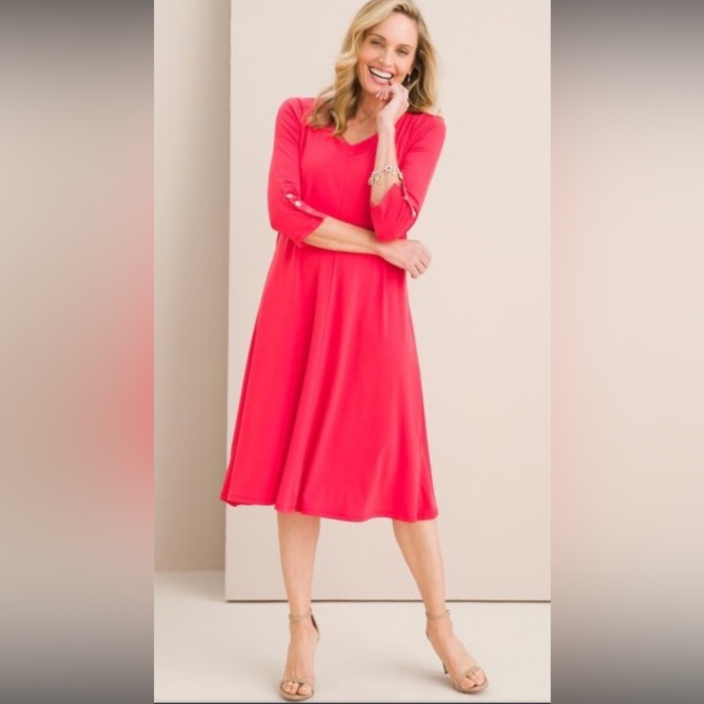 NWT Chico’s Easy Chic Button Sleeve Dress Solid Red Zinnia